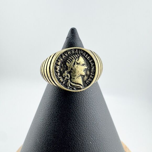 Vintage Coin Ring Roman  Gold Tone Men's Emperor Profile Signet Style Retro Bold - Picture 5 of 10